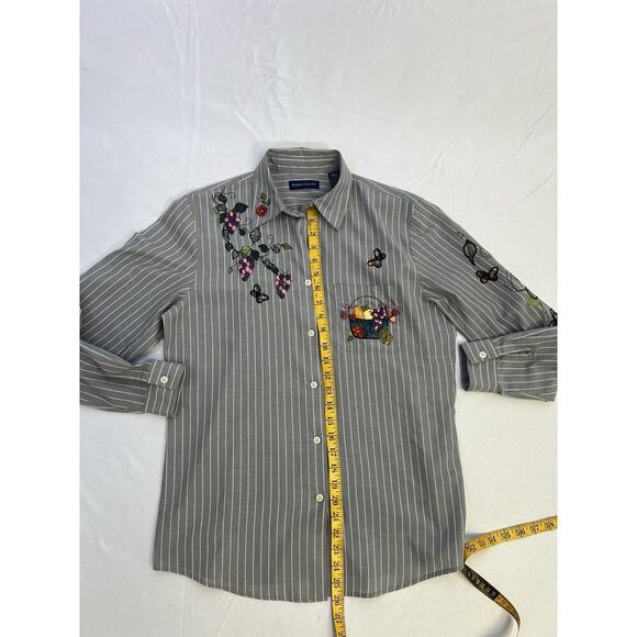 VTG Karen Scott Womens Button Up Shirt Embroidery Gardencore Stripped Gray Sz S - Picture 11 of 14